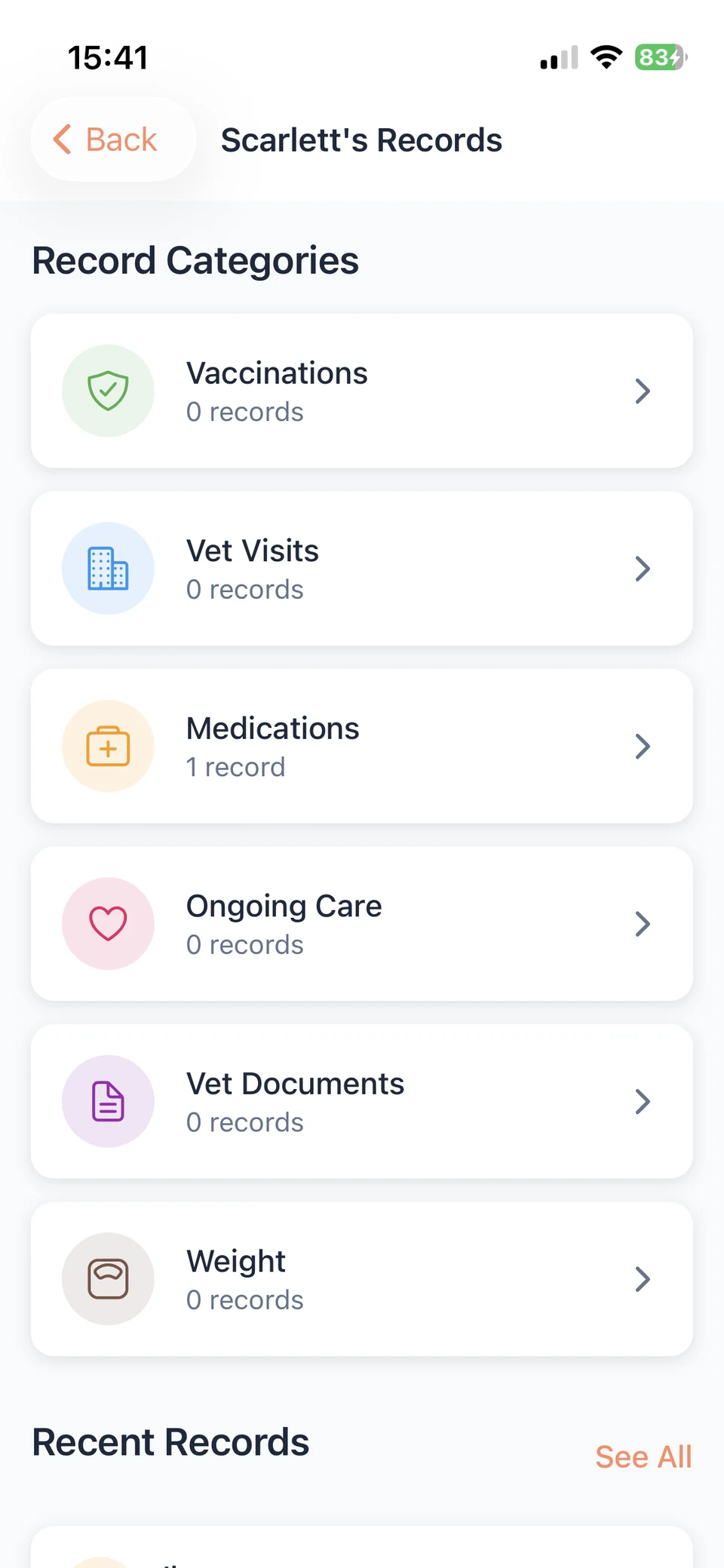 PawStatus care records dashboard showing record categories