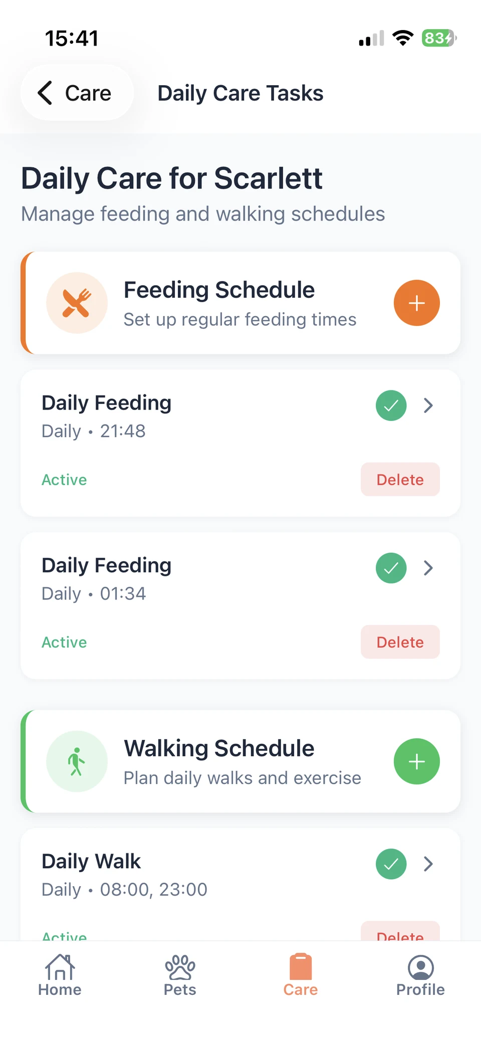 PawStatus Daily Care setup screen for creating recurring pet care tasks