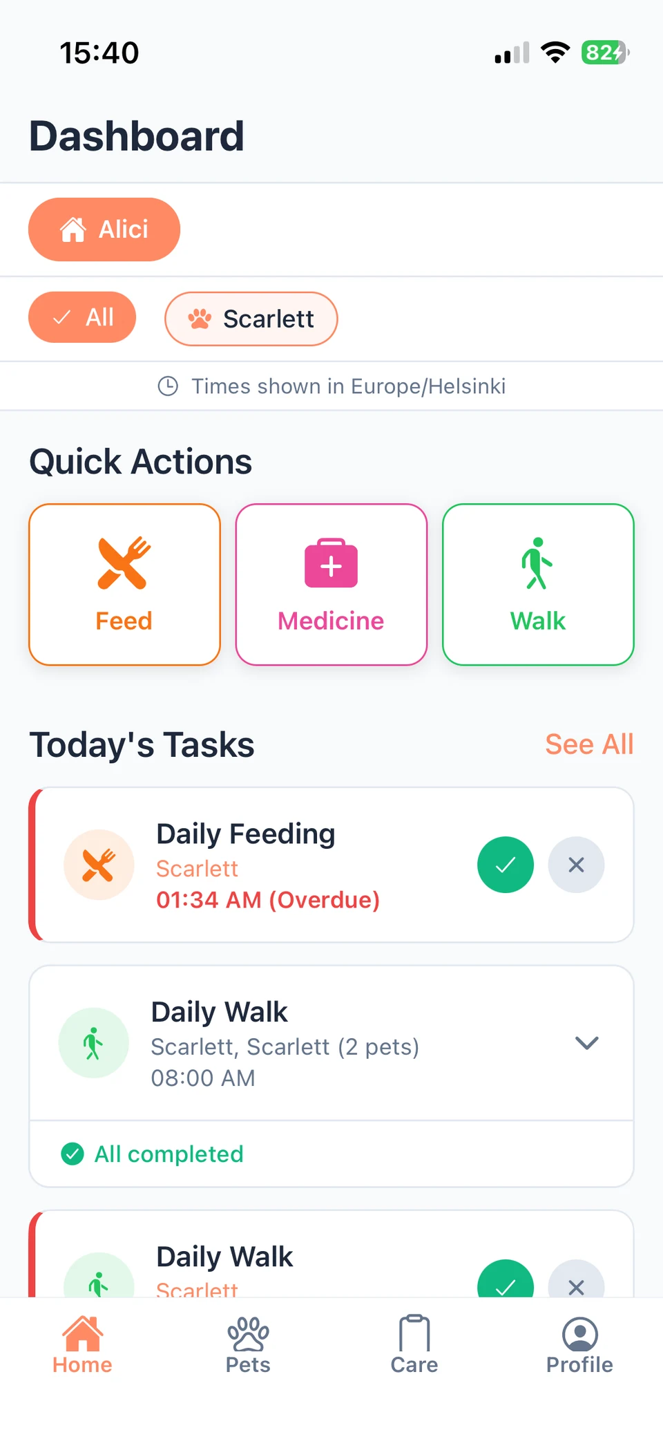 PawStatus home dashboard showing today's pet care tasks