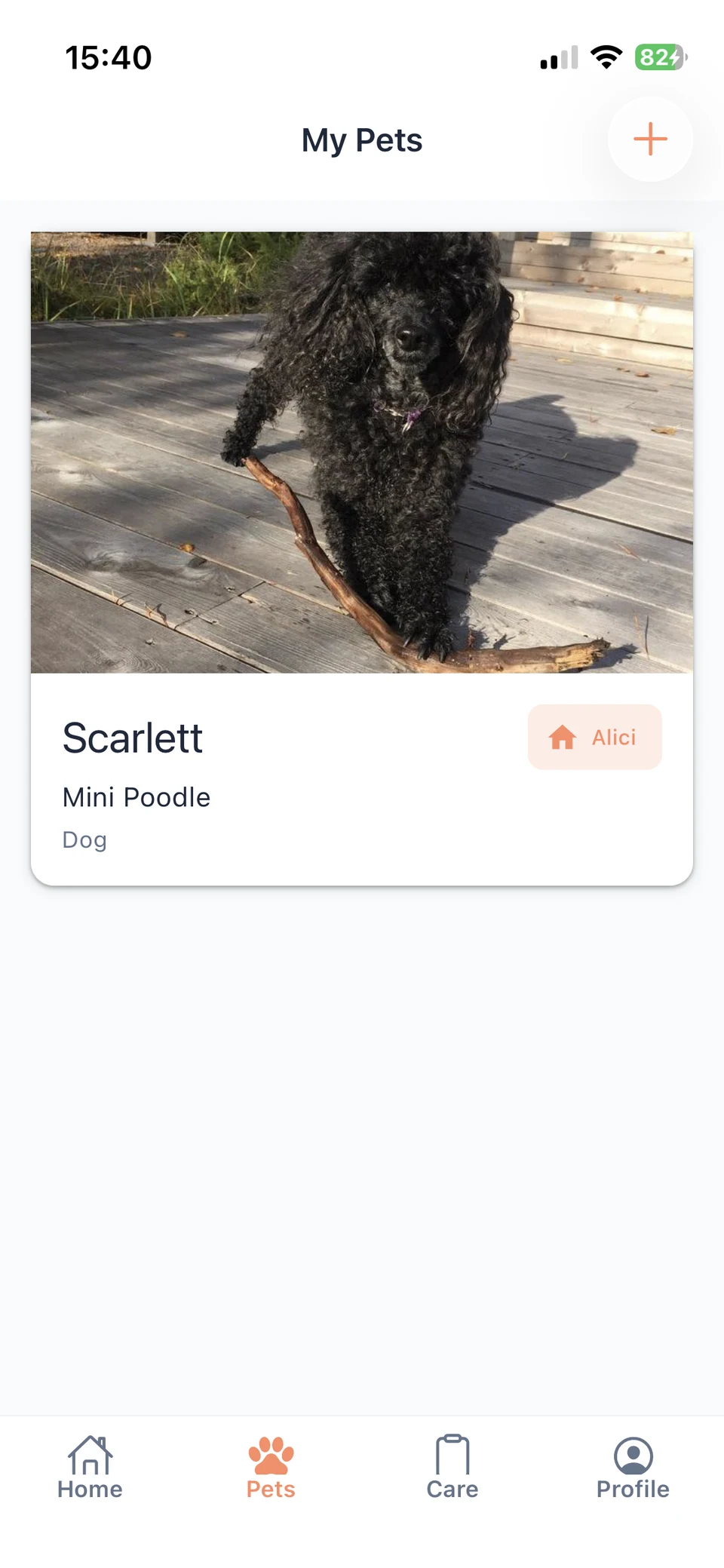 PawStatus My Pets screen showing pet profiles in a household